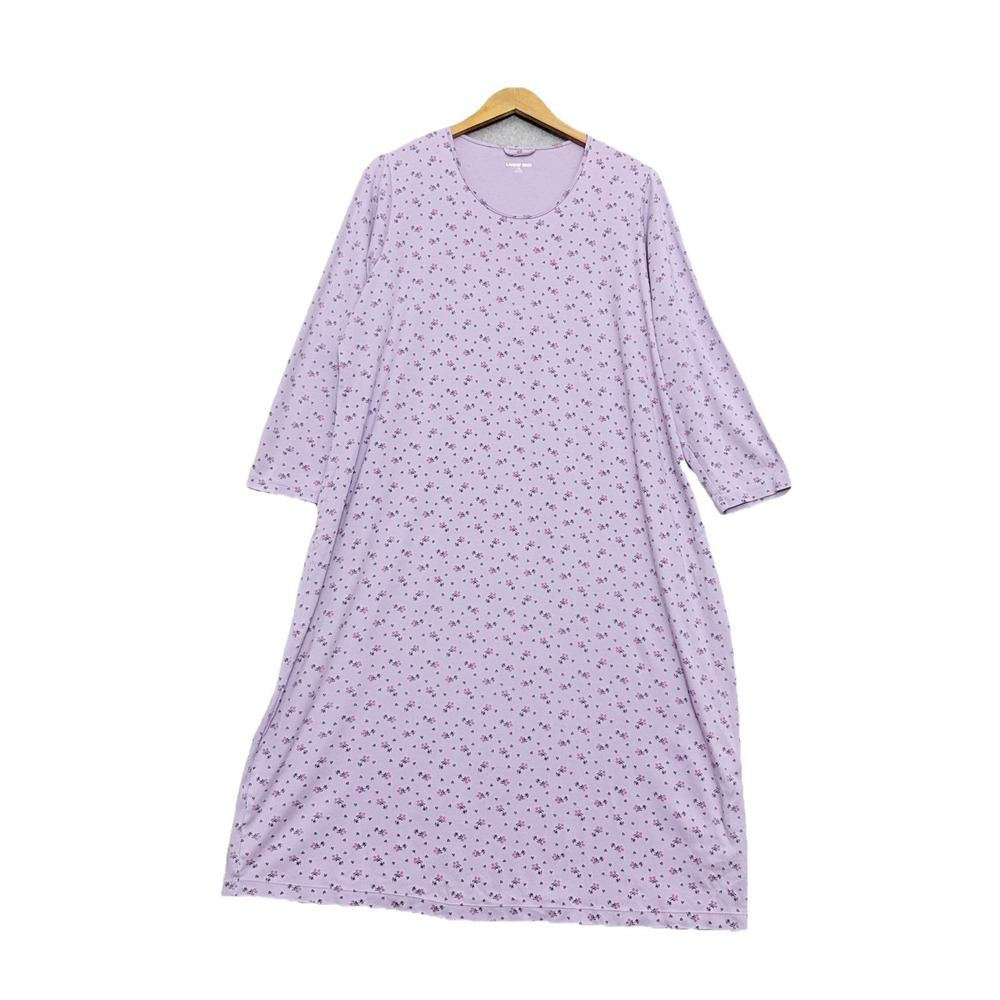 Lands End Nightgown 100% Cotton‎ Knit Long Slv Mid Calf Lavender Floral 1X 16/18